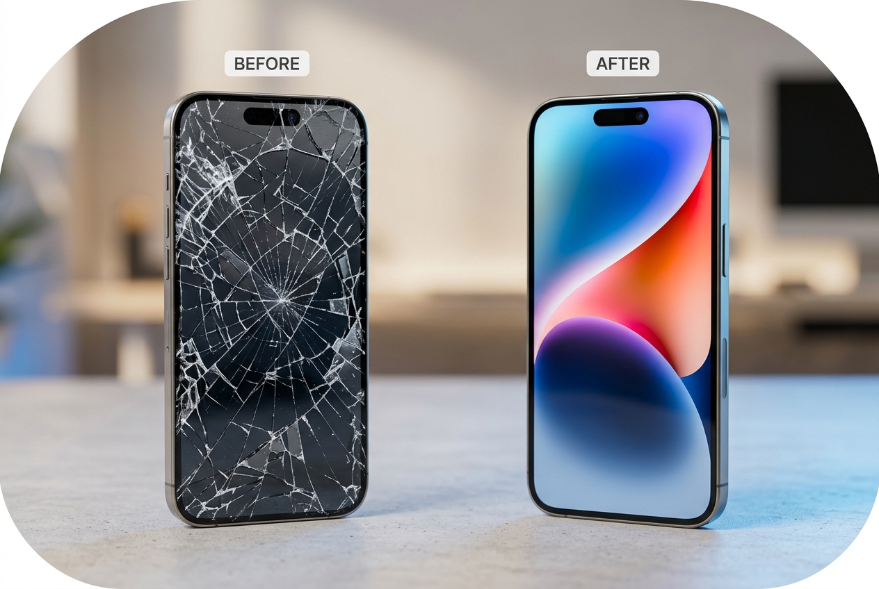 iPhone screen repair before and after at 2A Electronics Chicago: shattered screen restored to flawless